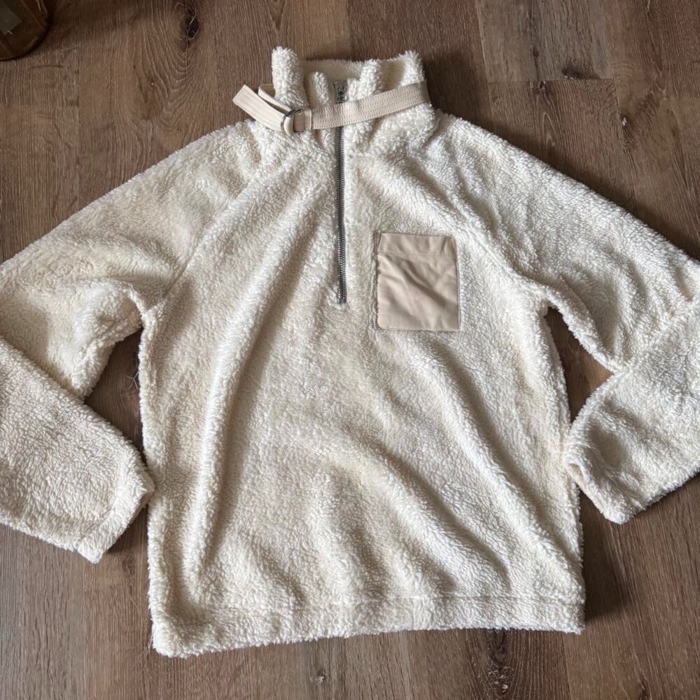 Helmut Lang Cream and white Sherpa quarter zip pullover sweater Size S